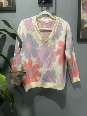 Pink Lily Floral V-Neck Knit Sweater - Floral Print sz XS